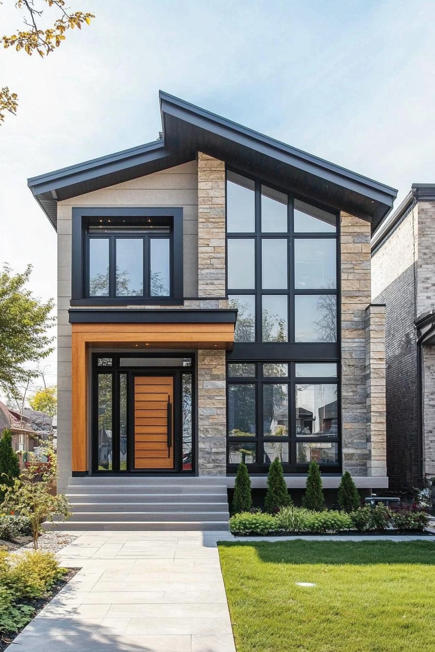 A modern house with a striking stone and glass facade