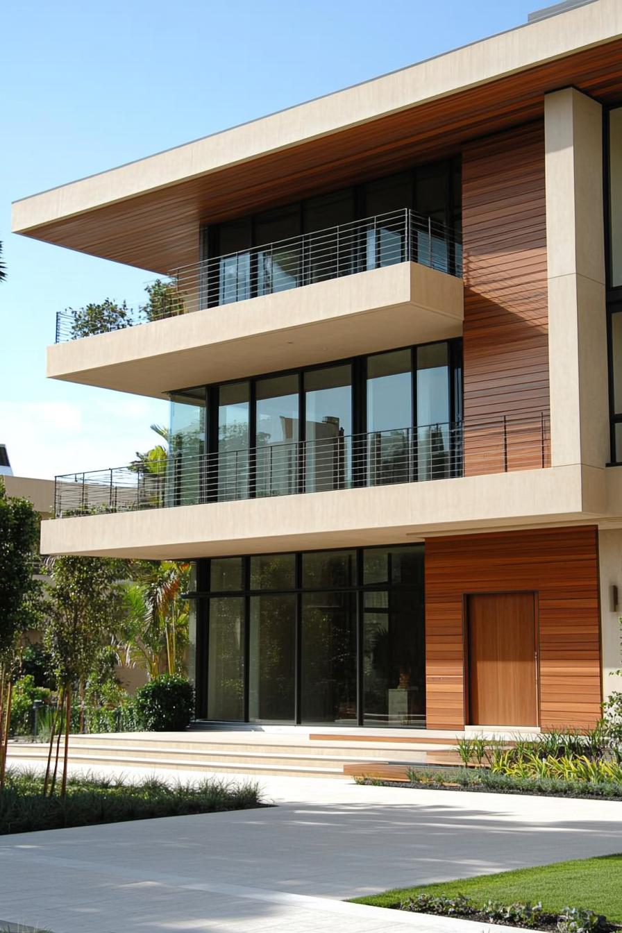 Modern residential building with large glass windows and balconies