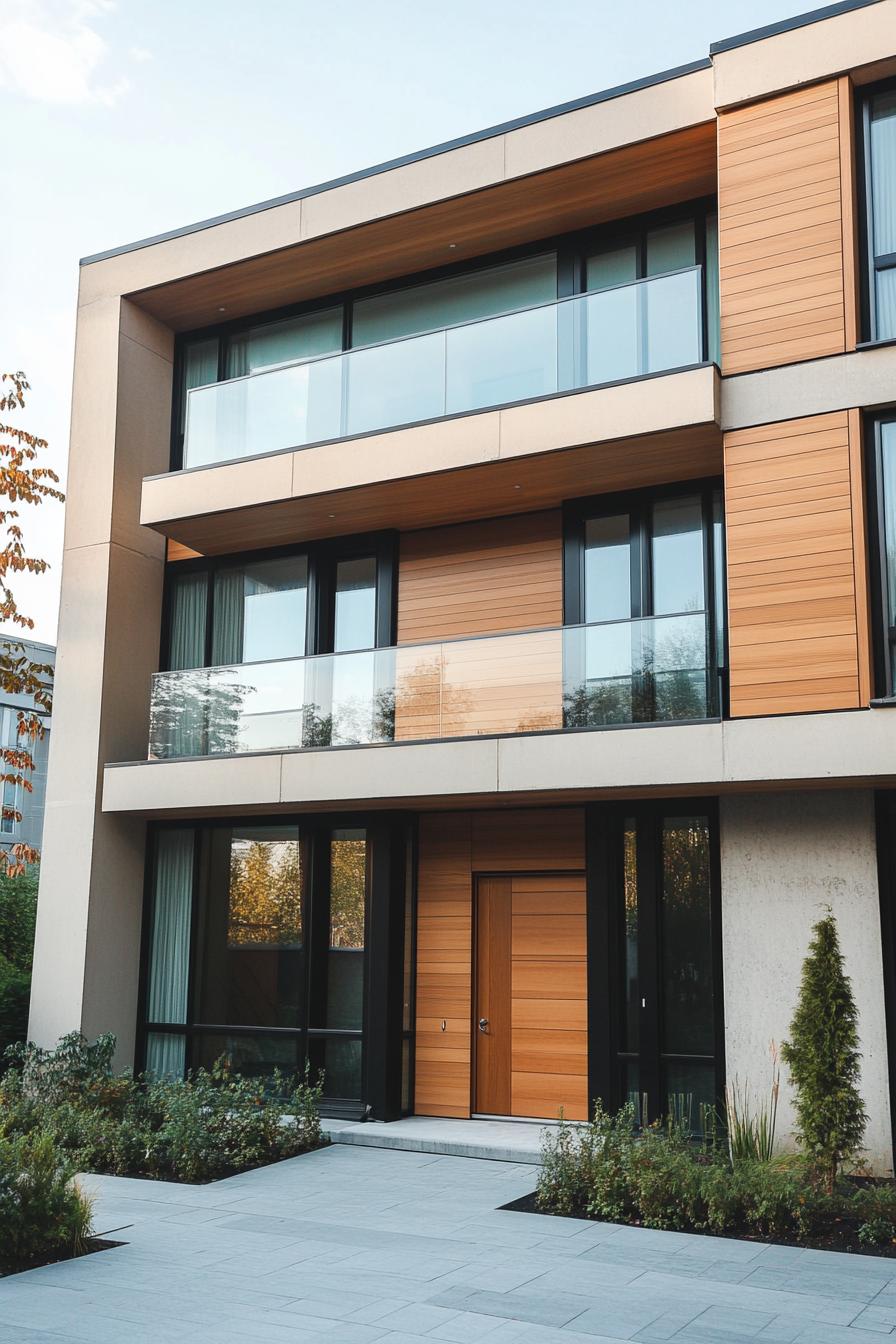 Modern building with sleek wooden panels and glass balconies