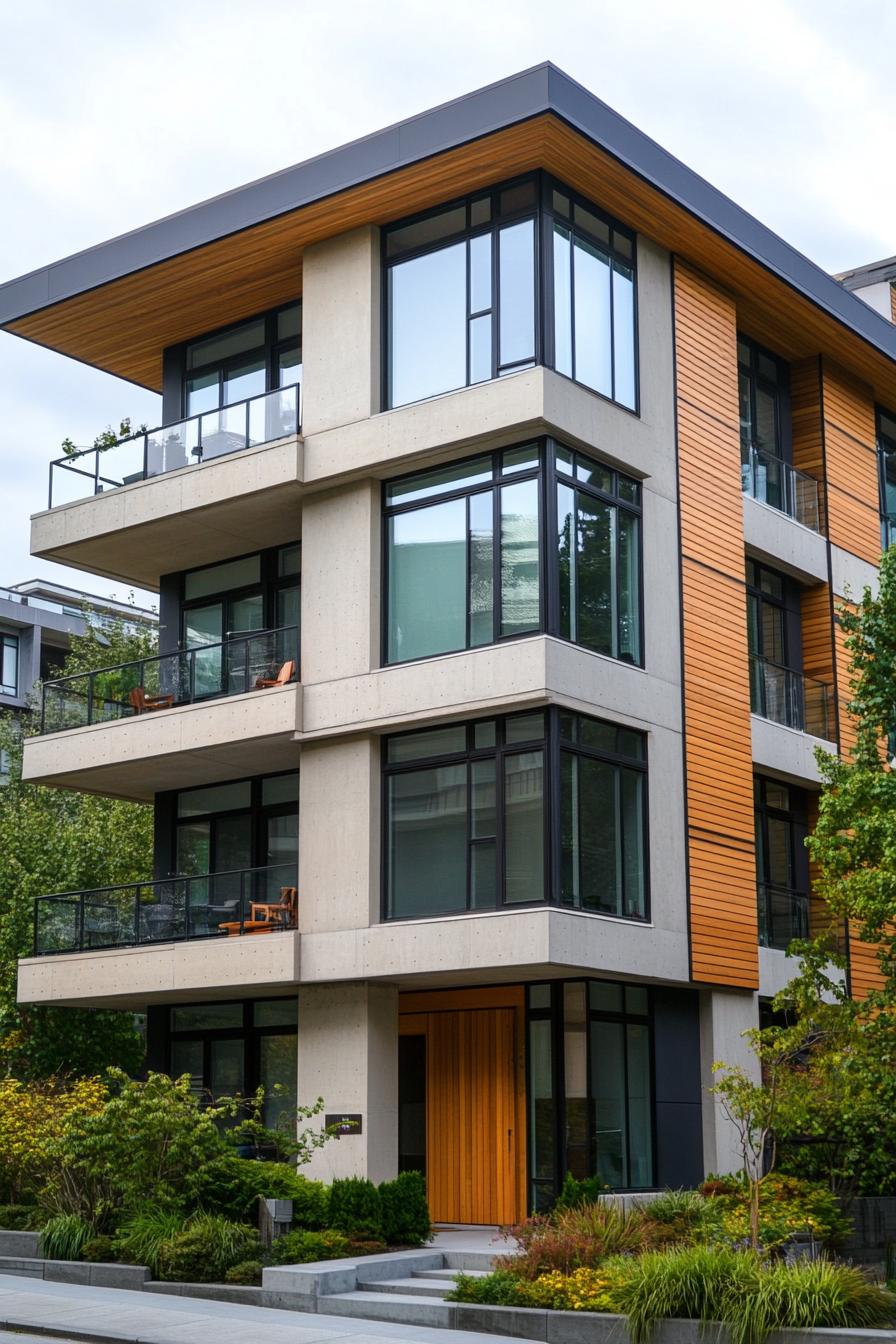 Modern residential building with large windows and balconies