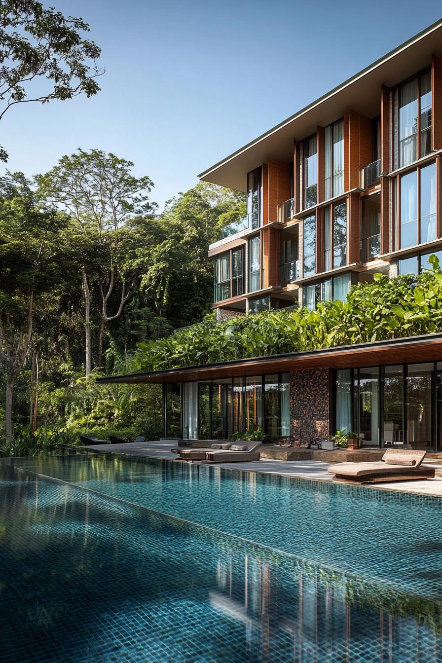 Modern tropical house with lush surroundings and a pool