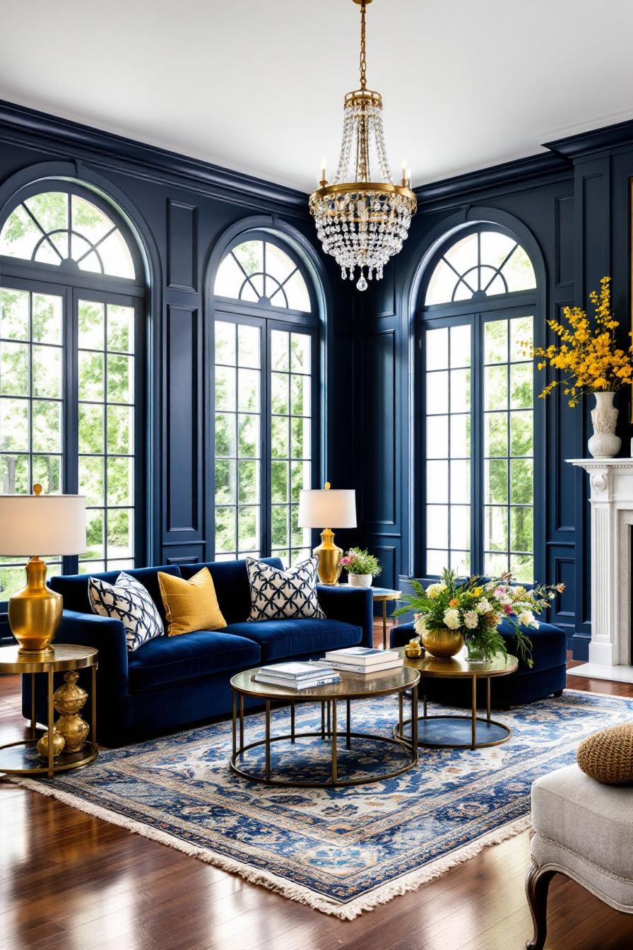 Elegant colonial living room with large arched windows and chandelier