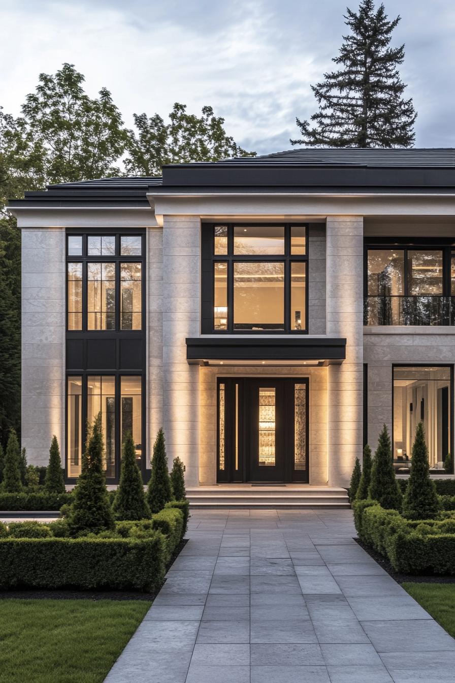 Stately home facade with tall windows and bright lights