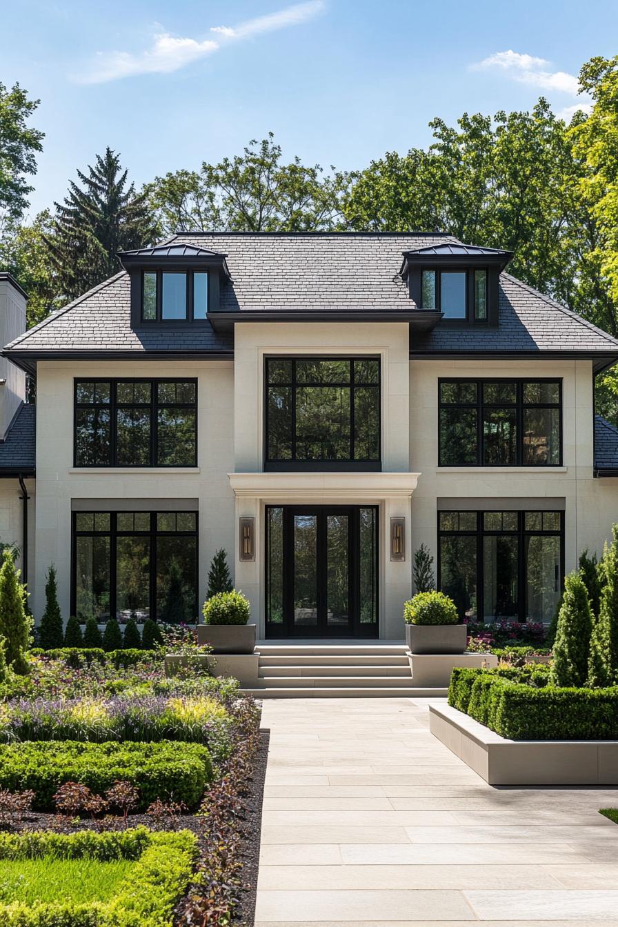 Modern house with large windows and lush landscaping