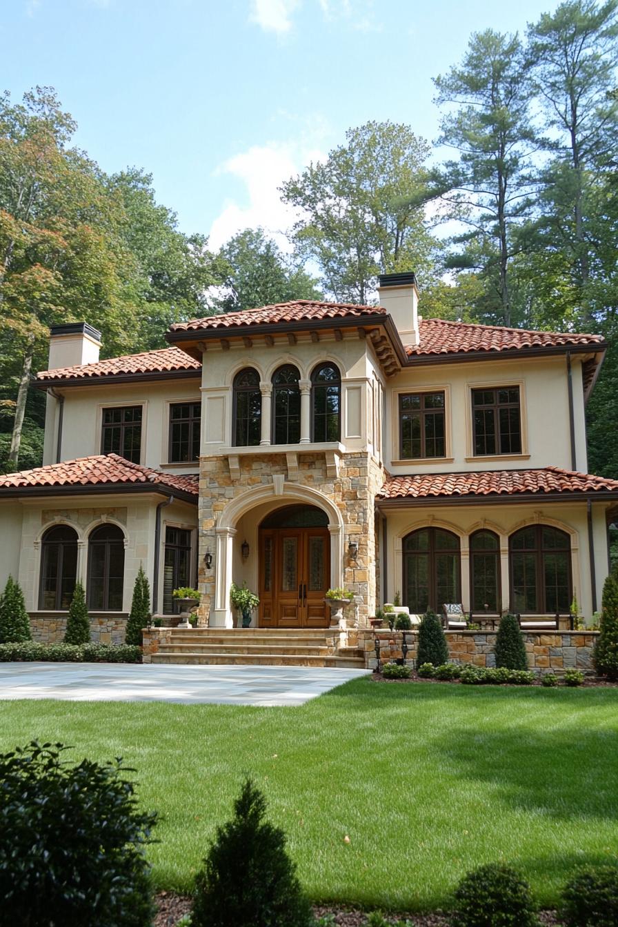 Elegant two-story house with arched windows and red-tiled roof