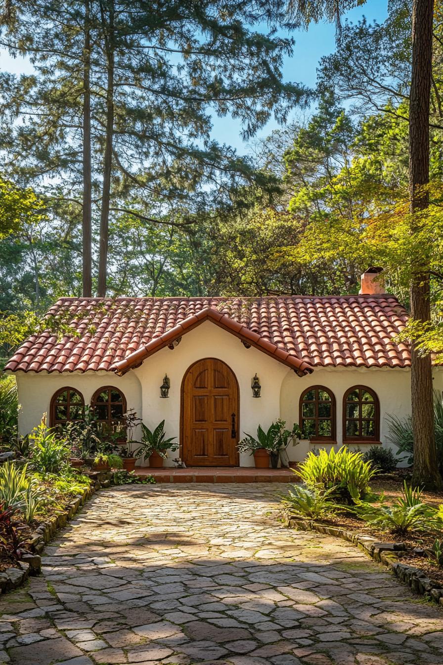 Charming Spanish bungalow with terracotta roof surrounded by lush greenery