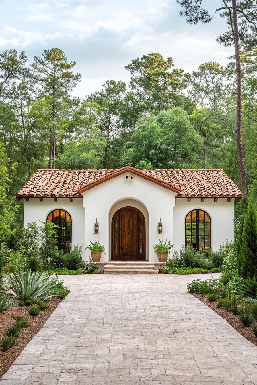 Quaint Spanish bungalow with clay-tiled roof surrounded by lush greenery