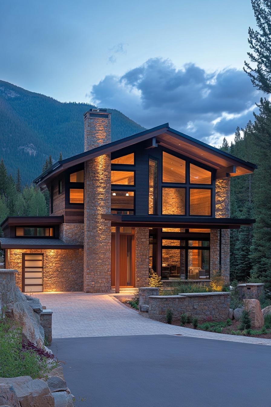 A stone-clad house with large windows nestled in the mountains