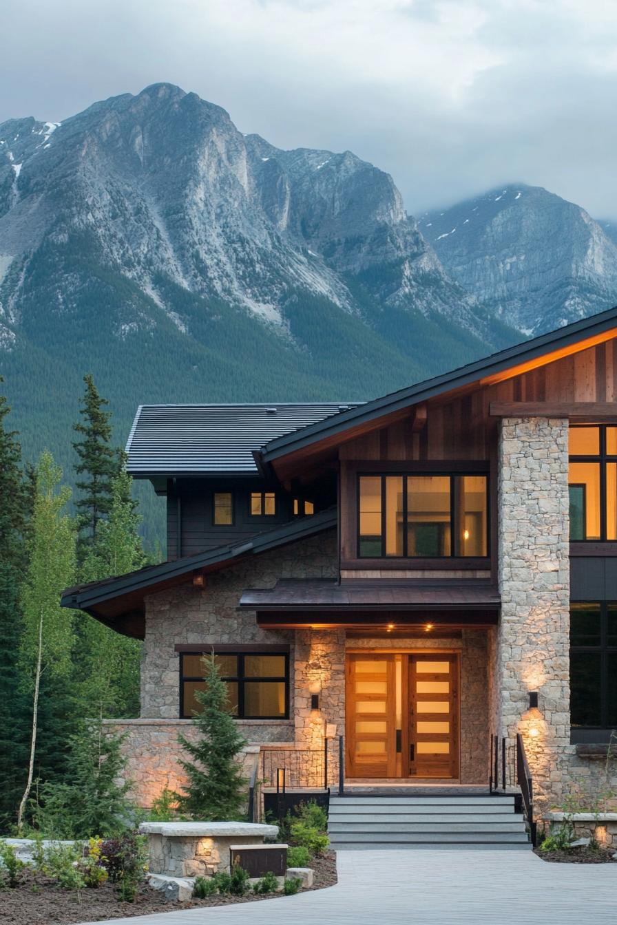 Modern mountain house with stone facade and wooden accents