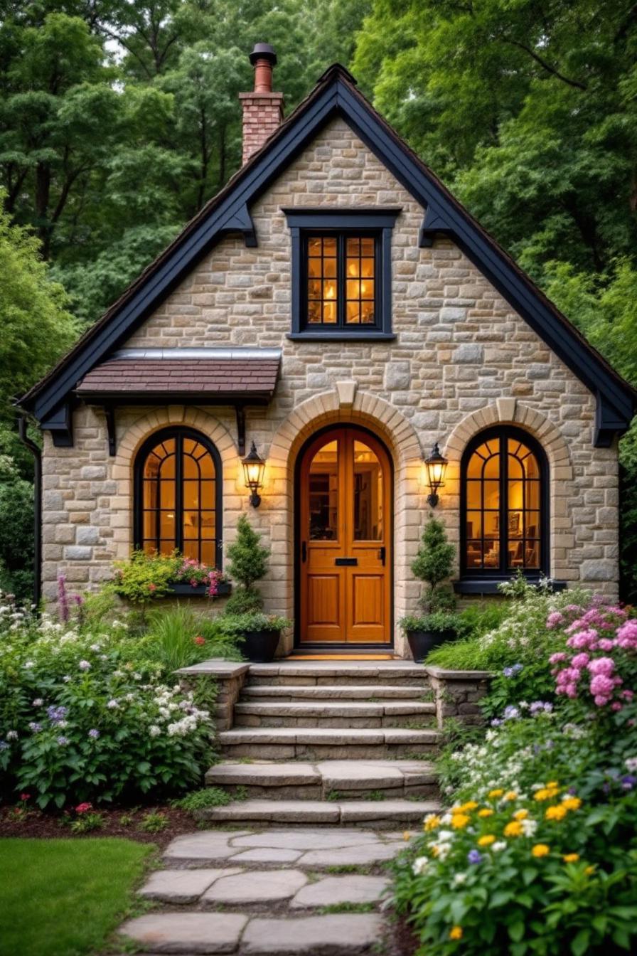 Charming stone cottage with arched door and windows