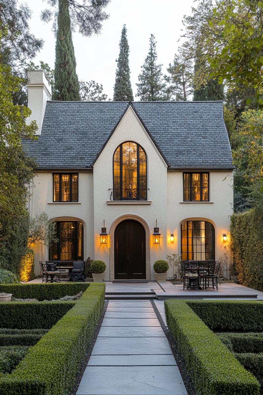 English cottage with arched doorway and manicured hedges