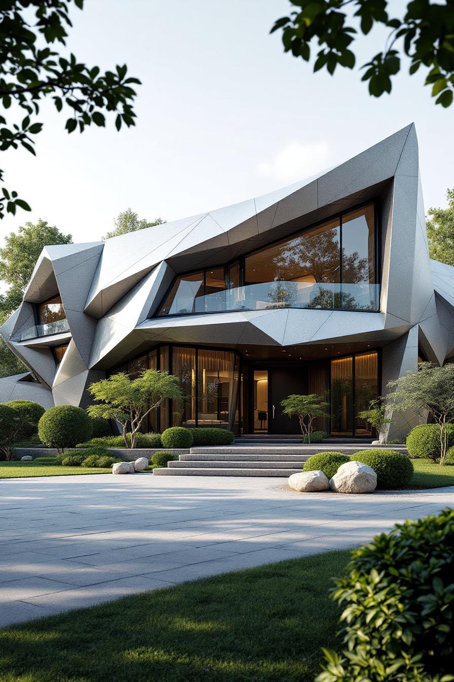 Futuristic house with angular design and large windows