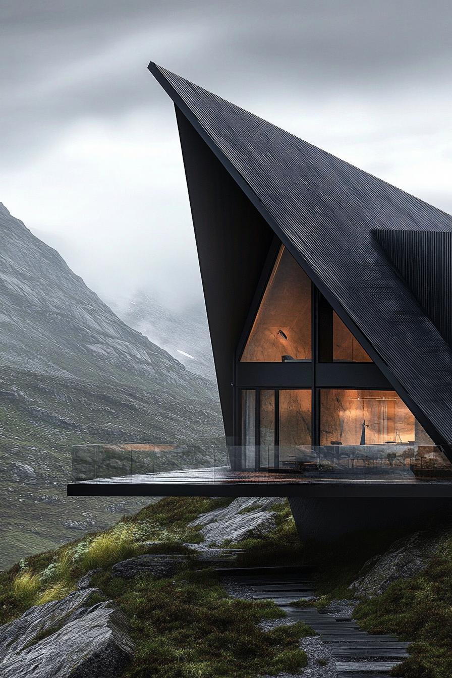 Modern home with a sharp triangular roof in a misty mountain setting