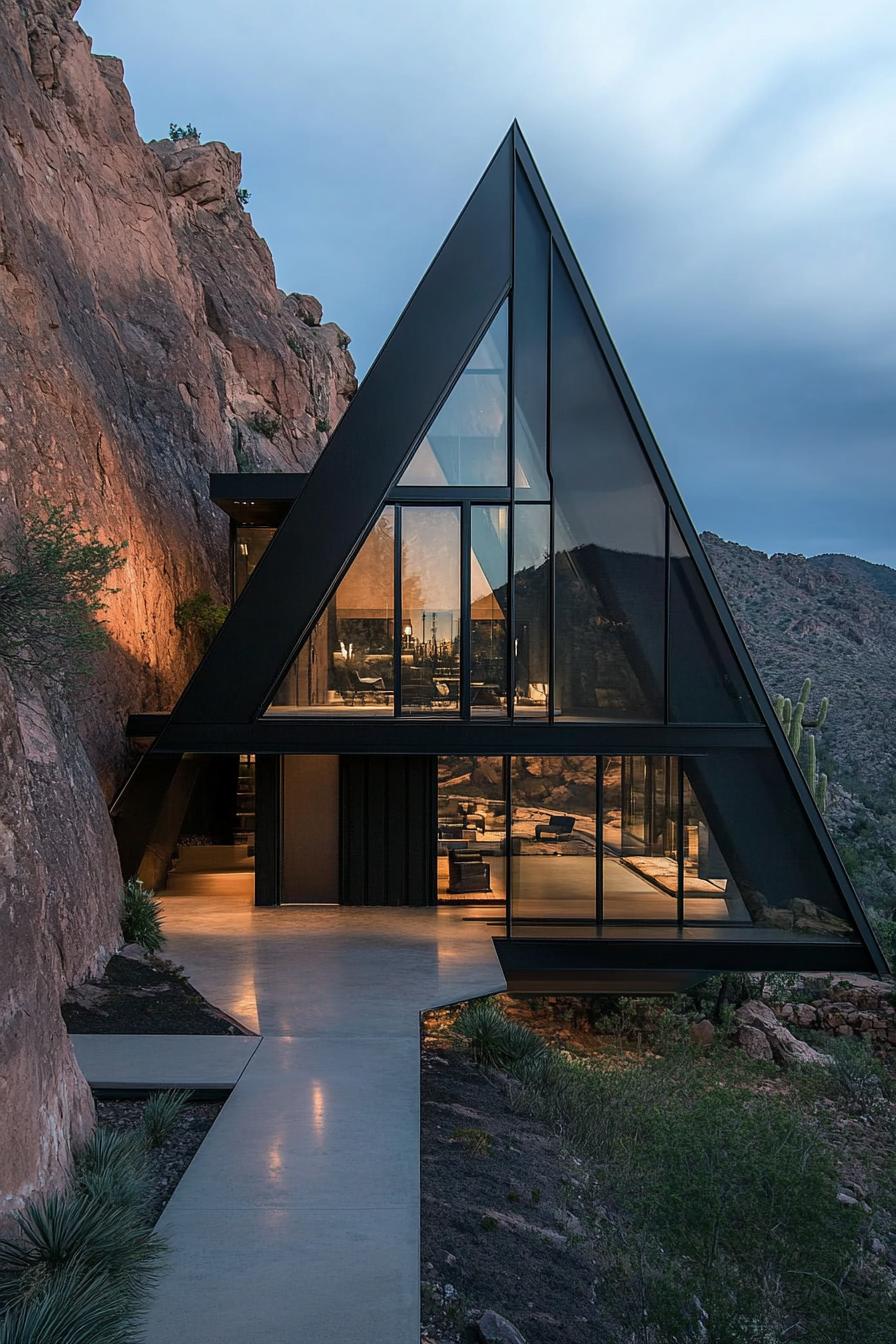 Modern triangular house nestled in a rocky hillside