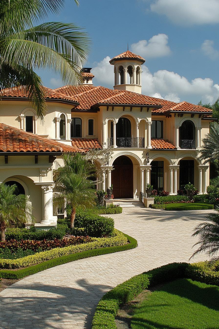 Mediterranean villa with arched windows and terracotta roofs