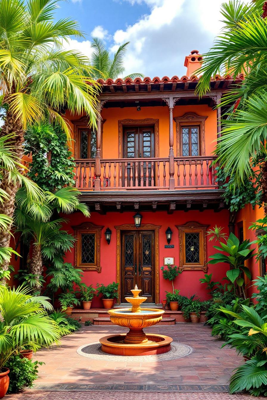 Colorful Mexican house with palm trees and a central fountain