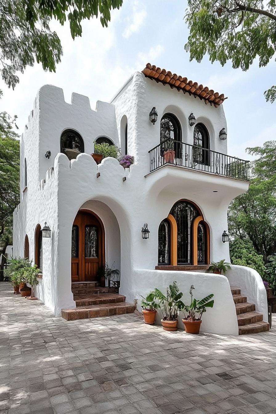 White villa with arched windows and balcony