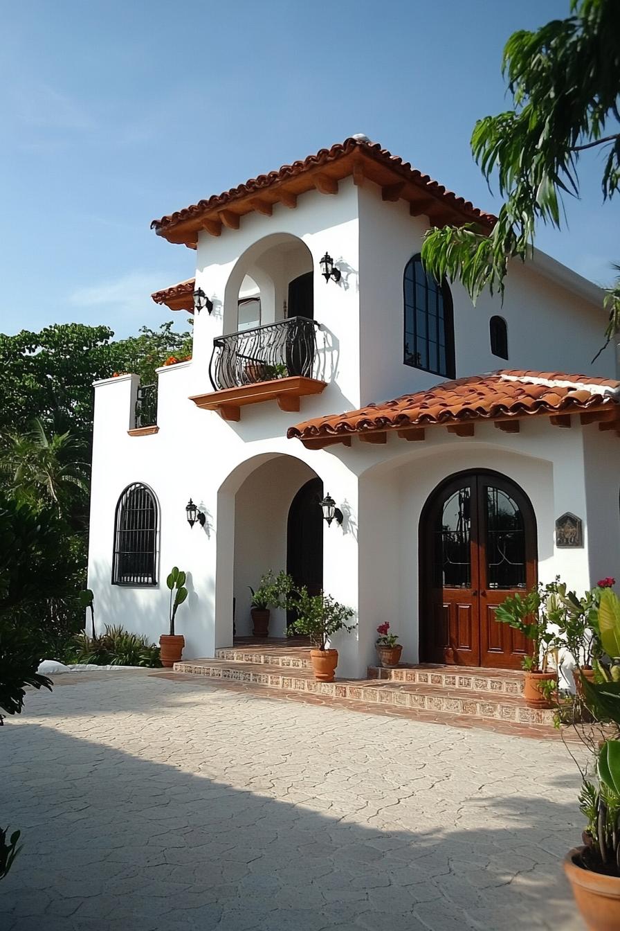 Charming white house with arched windows and clay roof