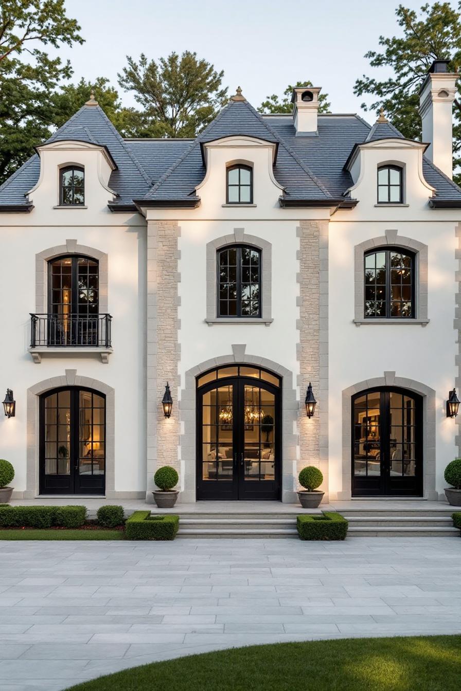 Chic stone facade of a modern French house with arched windows