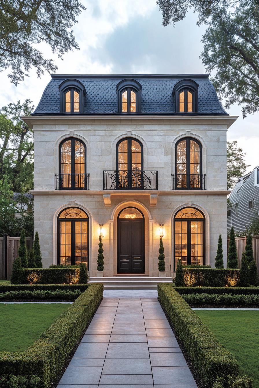 Elegant stone house with arched windows and lush landscaping