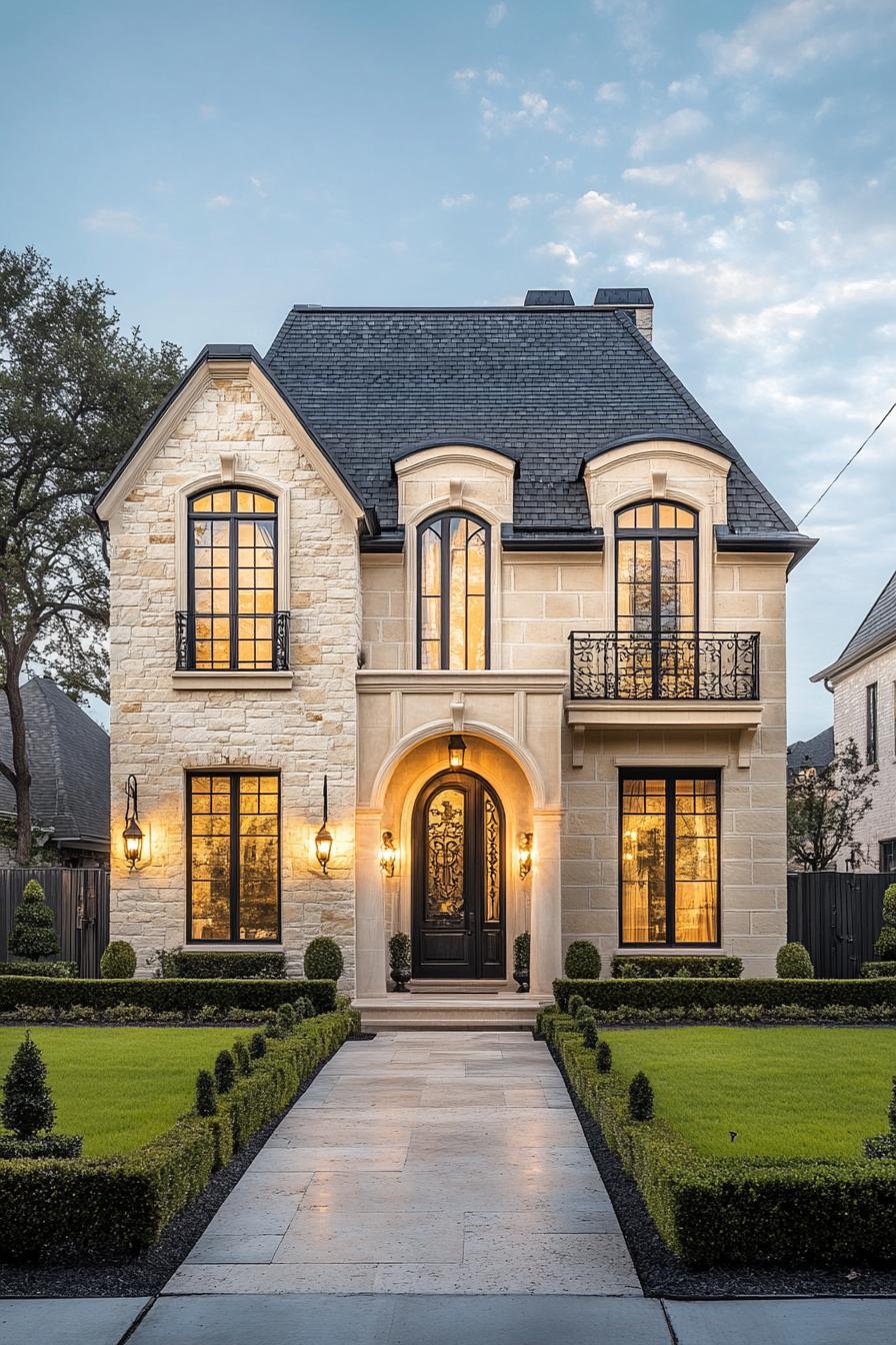 Modern French house exterior with stone facade