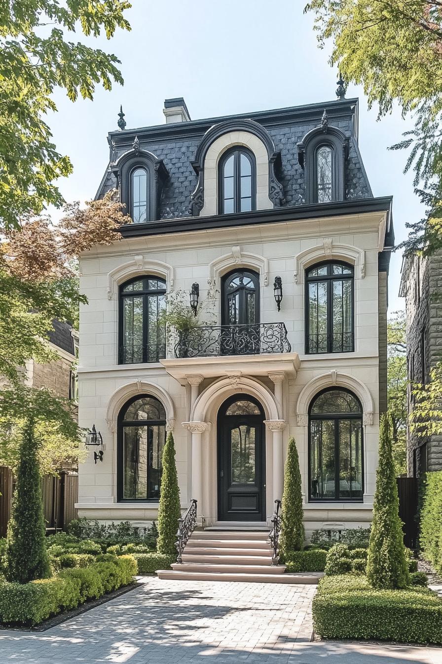 Classic French residential facade with trees