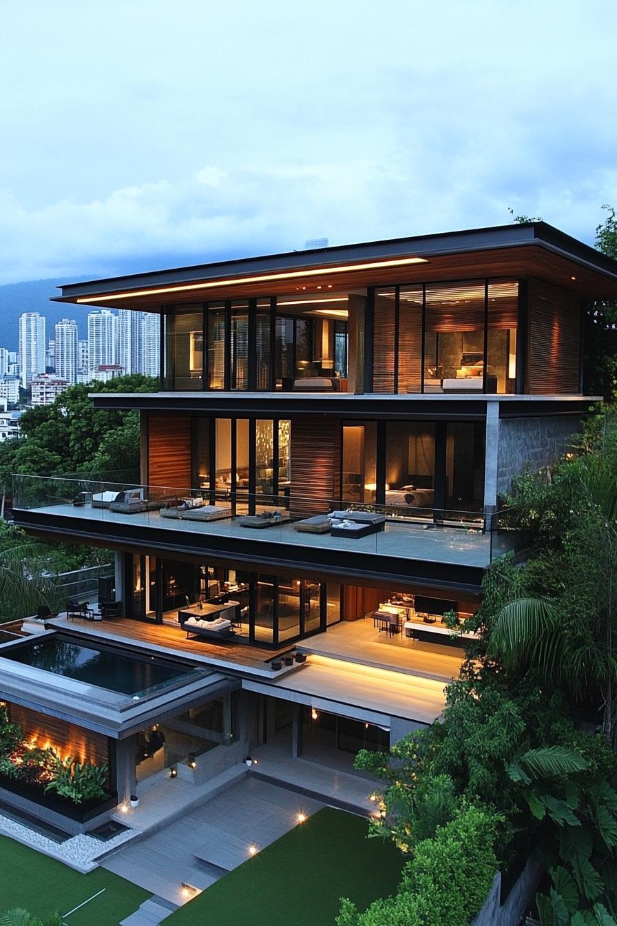 Modern Thai house with glass walls and multiple levels