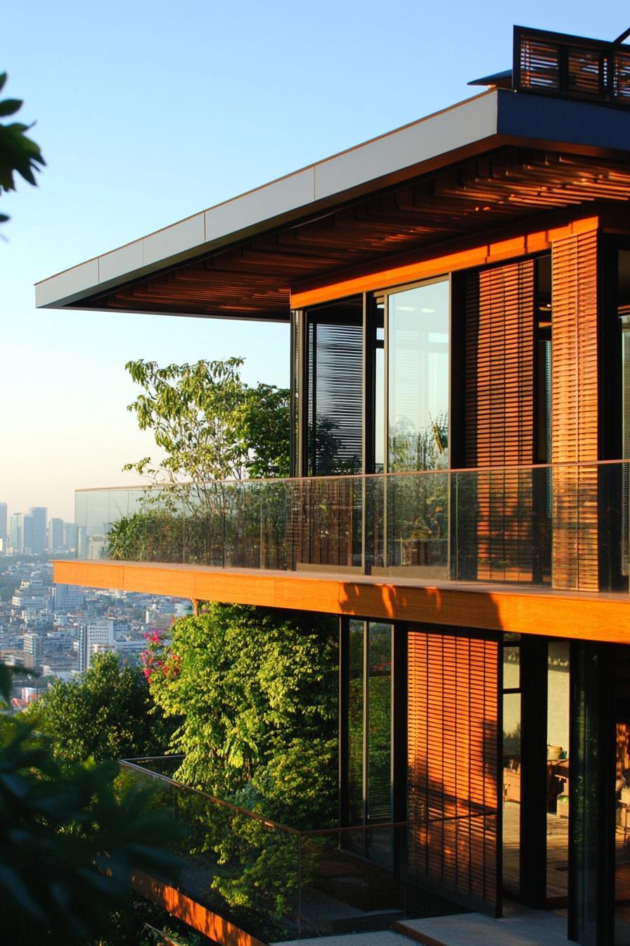 A Thai house with glass walls overlooking a cityscape at sunset