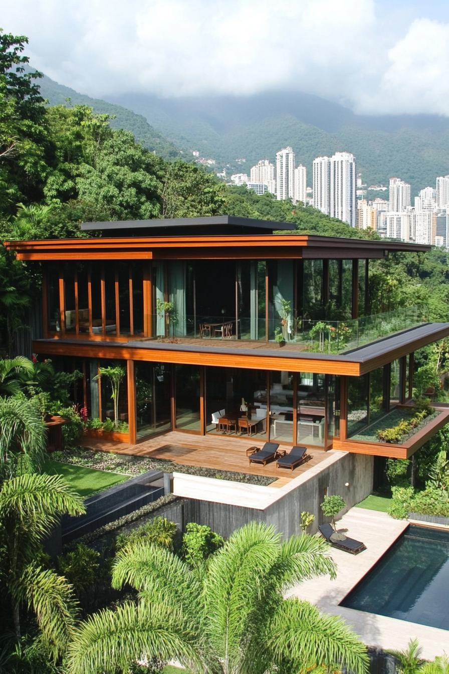 Modern Thai house with large glass panels and lush surroundings