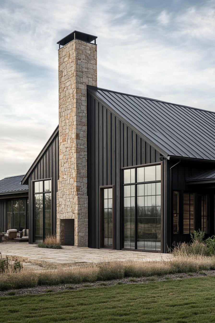 Modern barndominium with stone chimney and metal roof