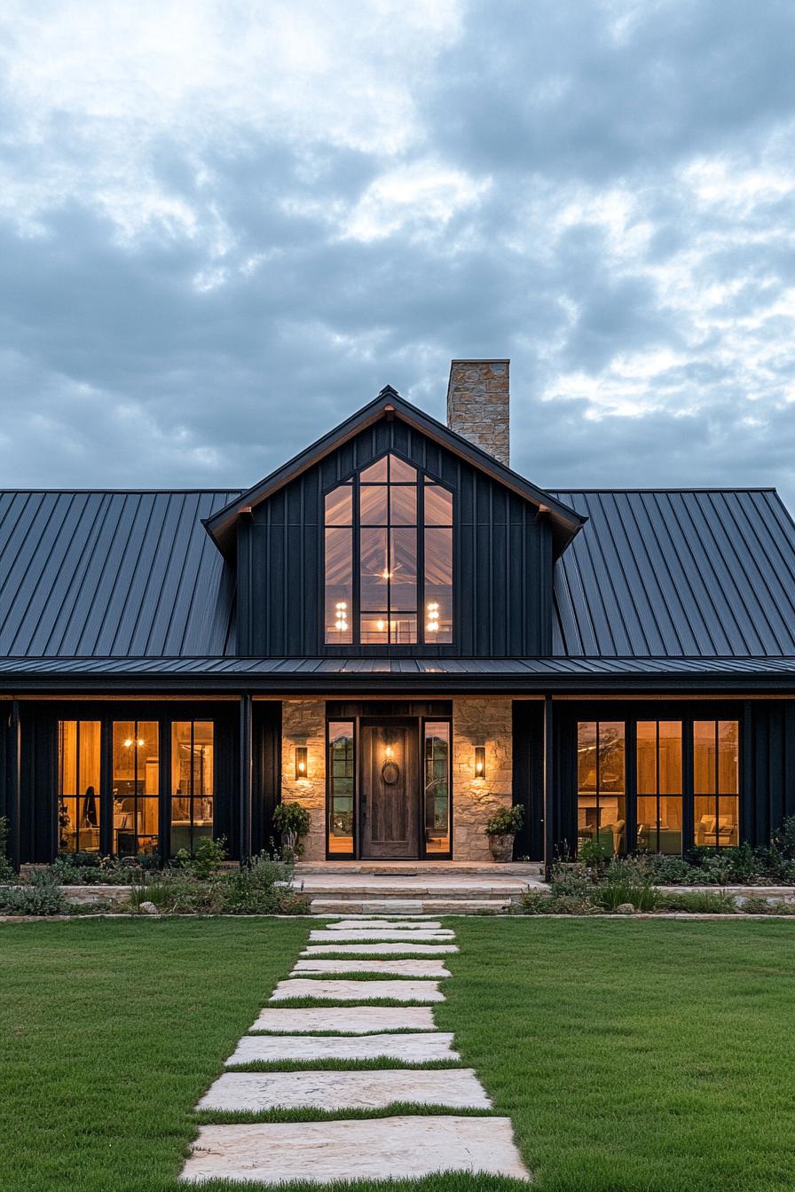 A modern barn-style home with dark siding and large windows