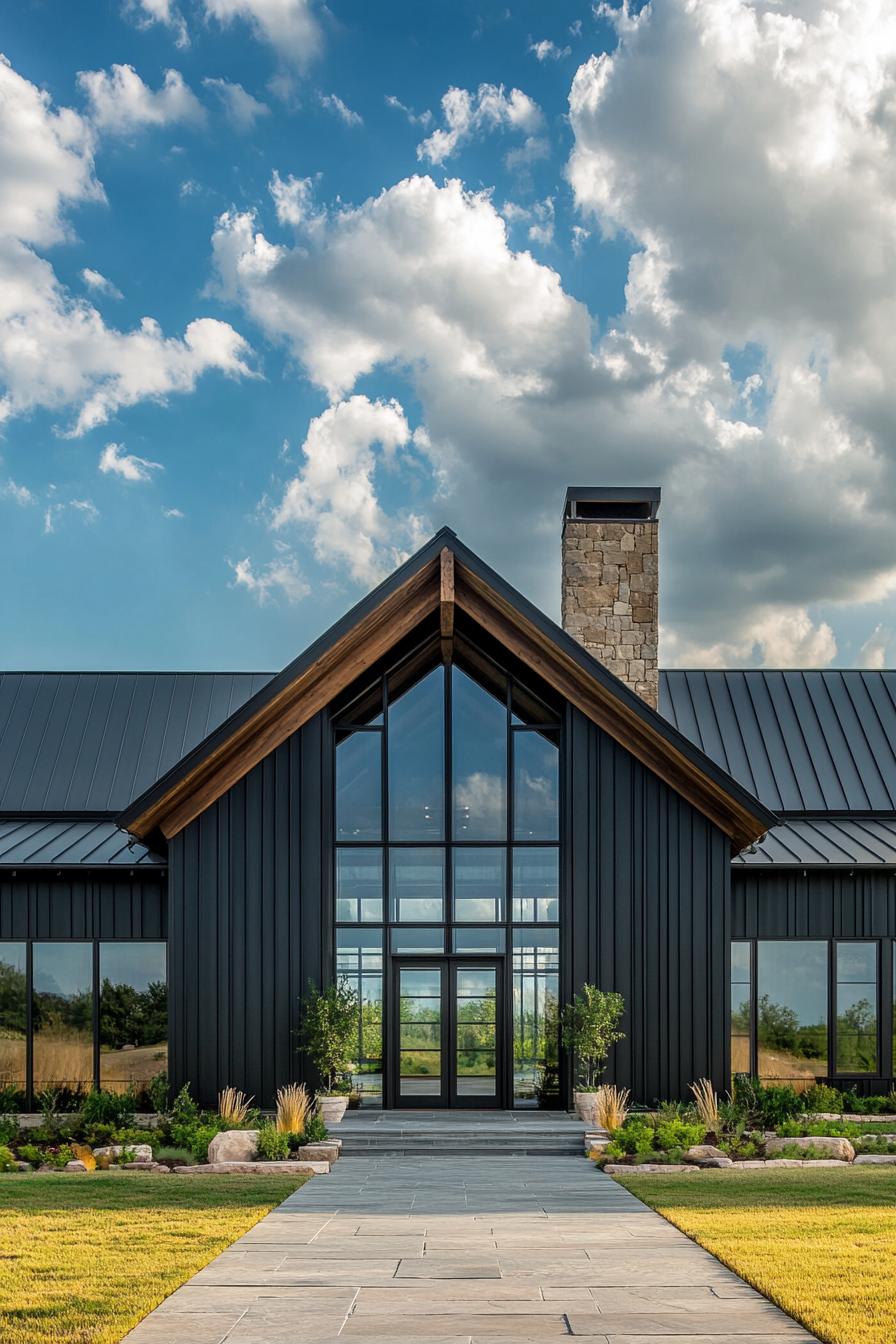 Modern black barndominium with large windows