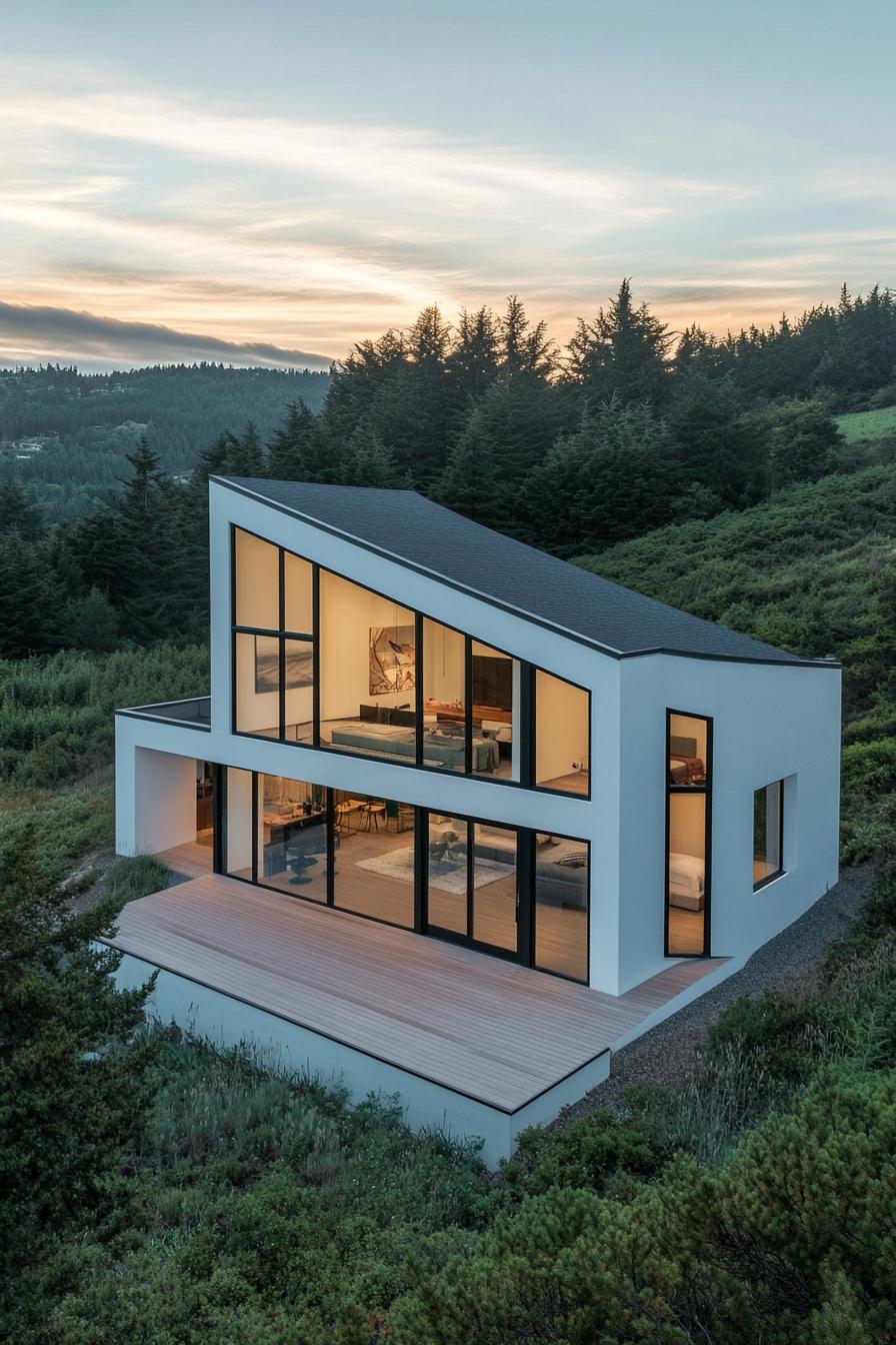 Modern house with slanted roof and large windows