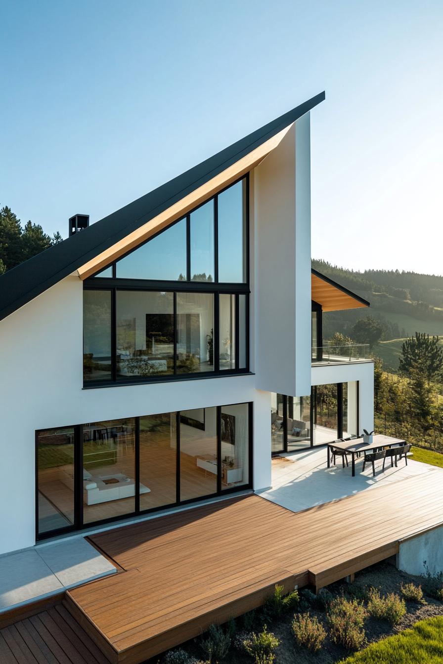 Modern house with large glass windows and wooden deck