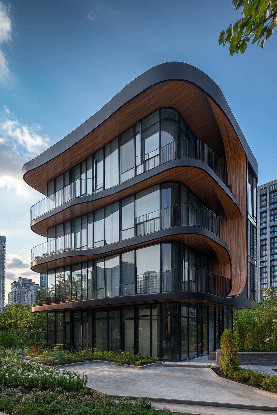 Modern apartment building with curved wooden and glass design