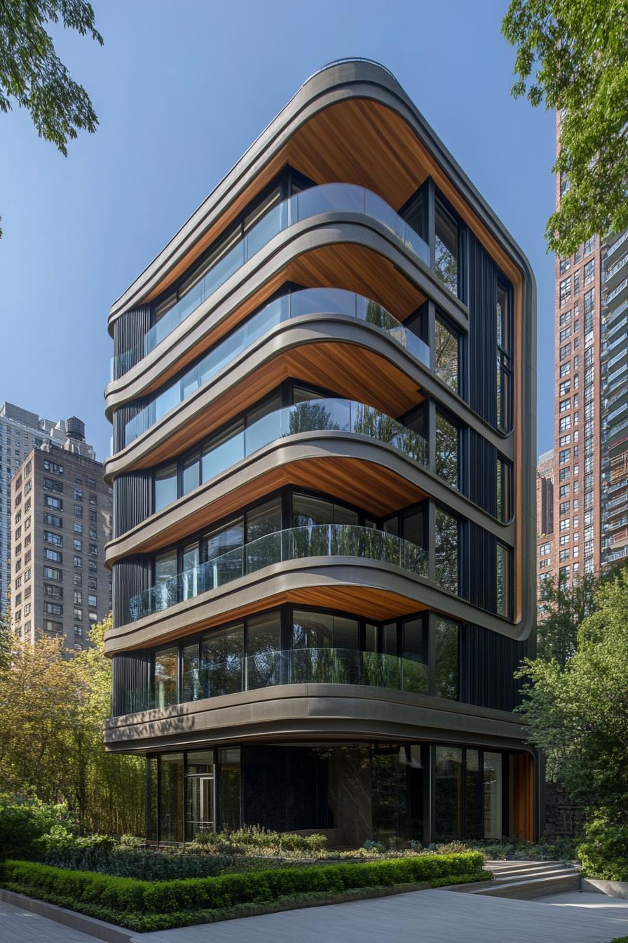 Curved glass residential building with wooden accents