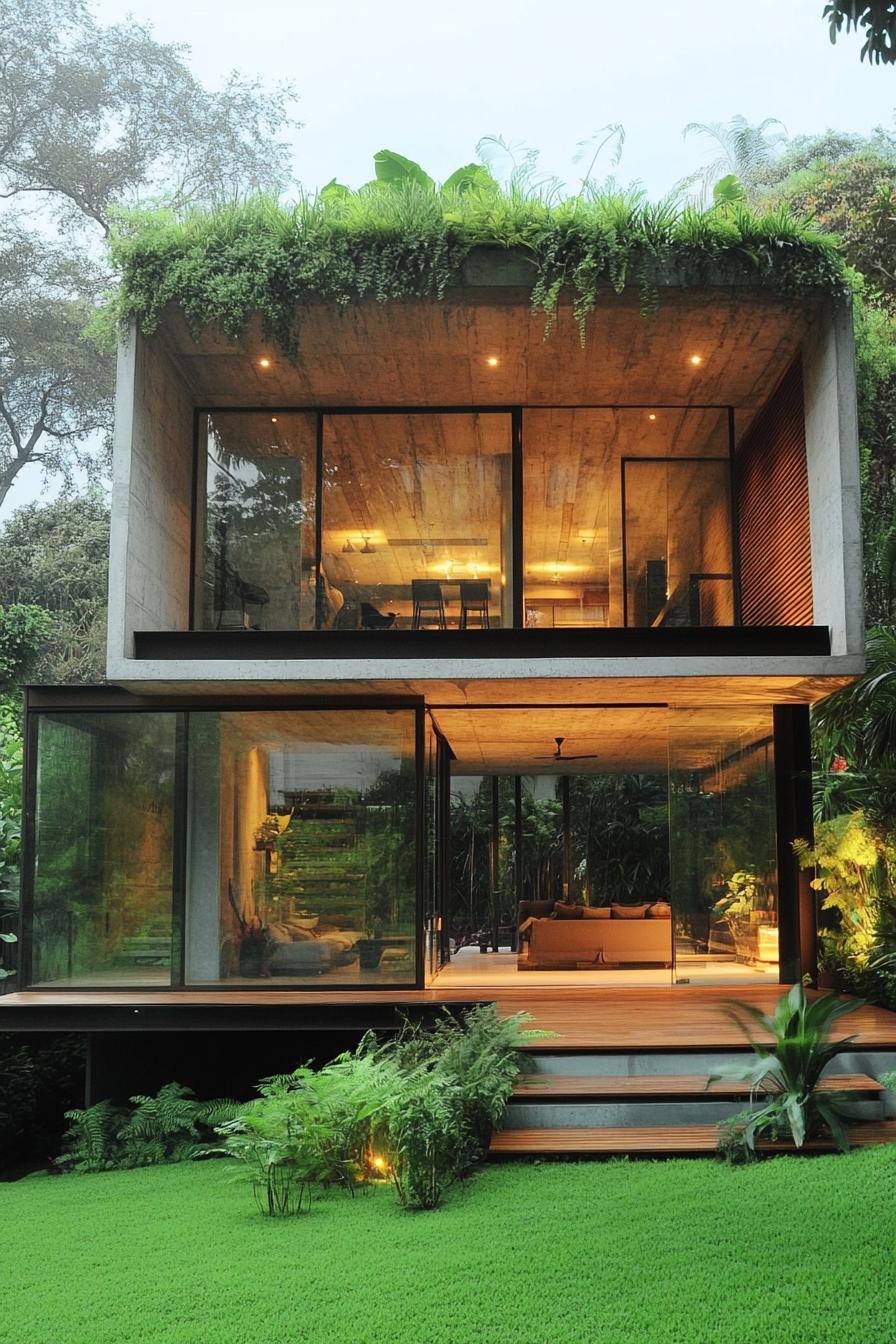 Modern glass-front house surrounded by lush greenery