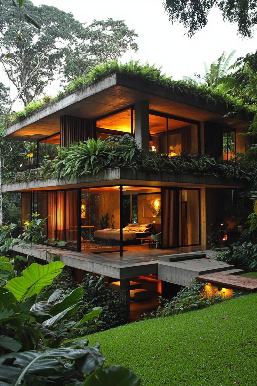 Tropical house nestled among lush greenery, featuring large windows and overgrown plants