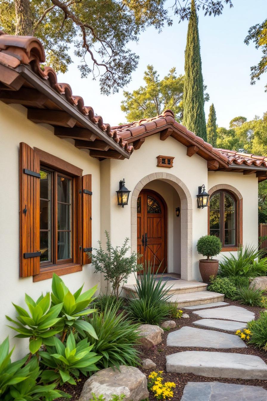 Inviting Spanish bungalow with terracotta roof and lush greenery