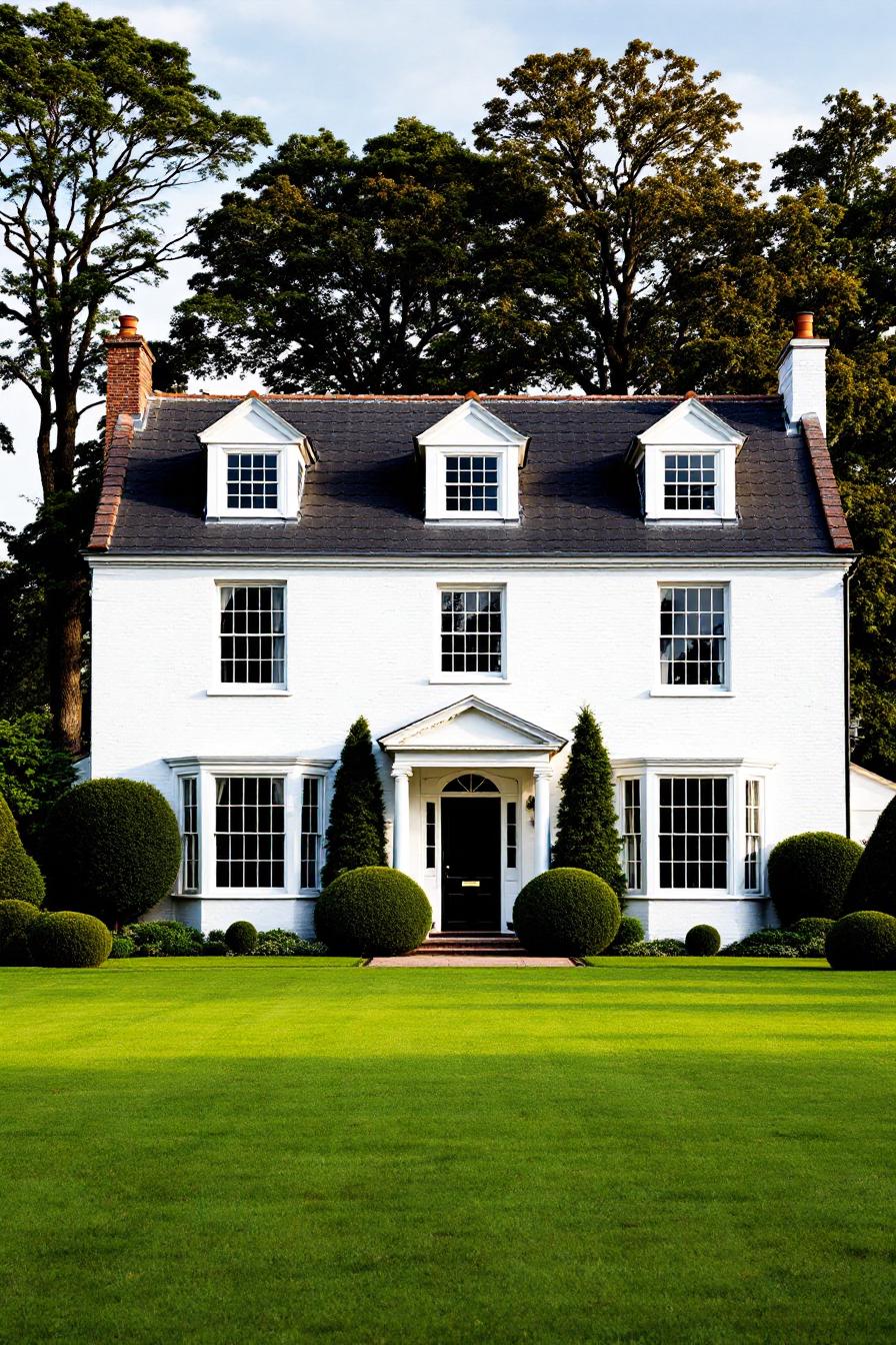 Elegant white Georgian house with large windows and manicured lawns