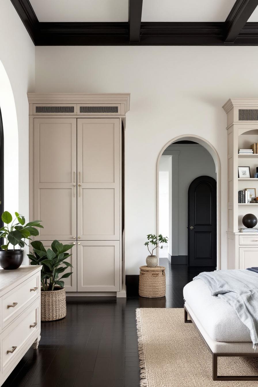 Colonial-style room with light cabinets, black door, and plants