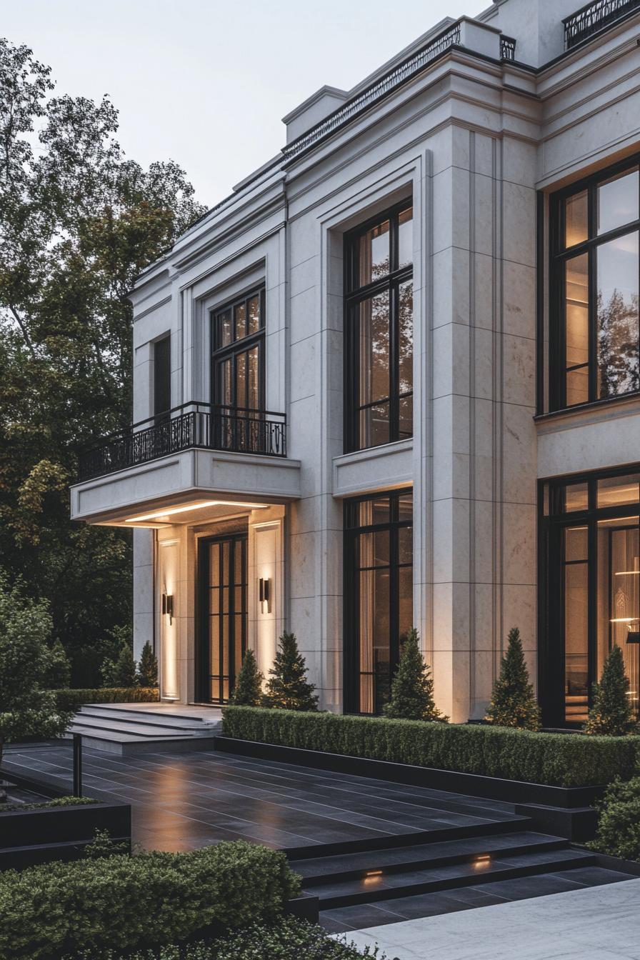 Luxurious house entrance with large windows and manicured hedges