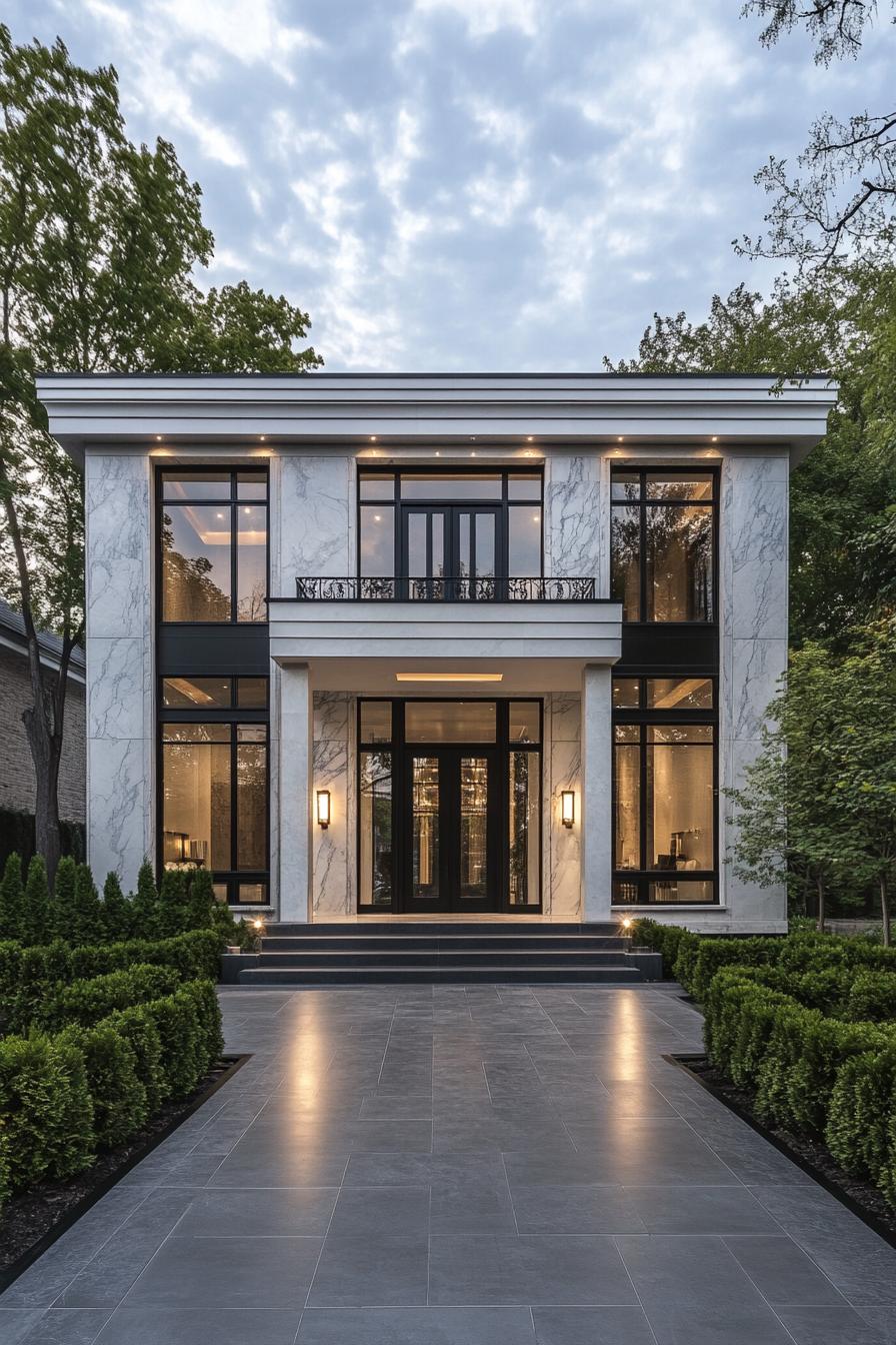 Modern house with large glass windows and marble facade