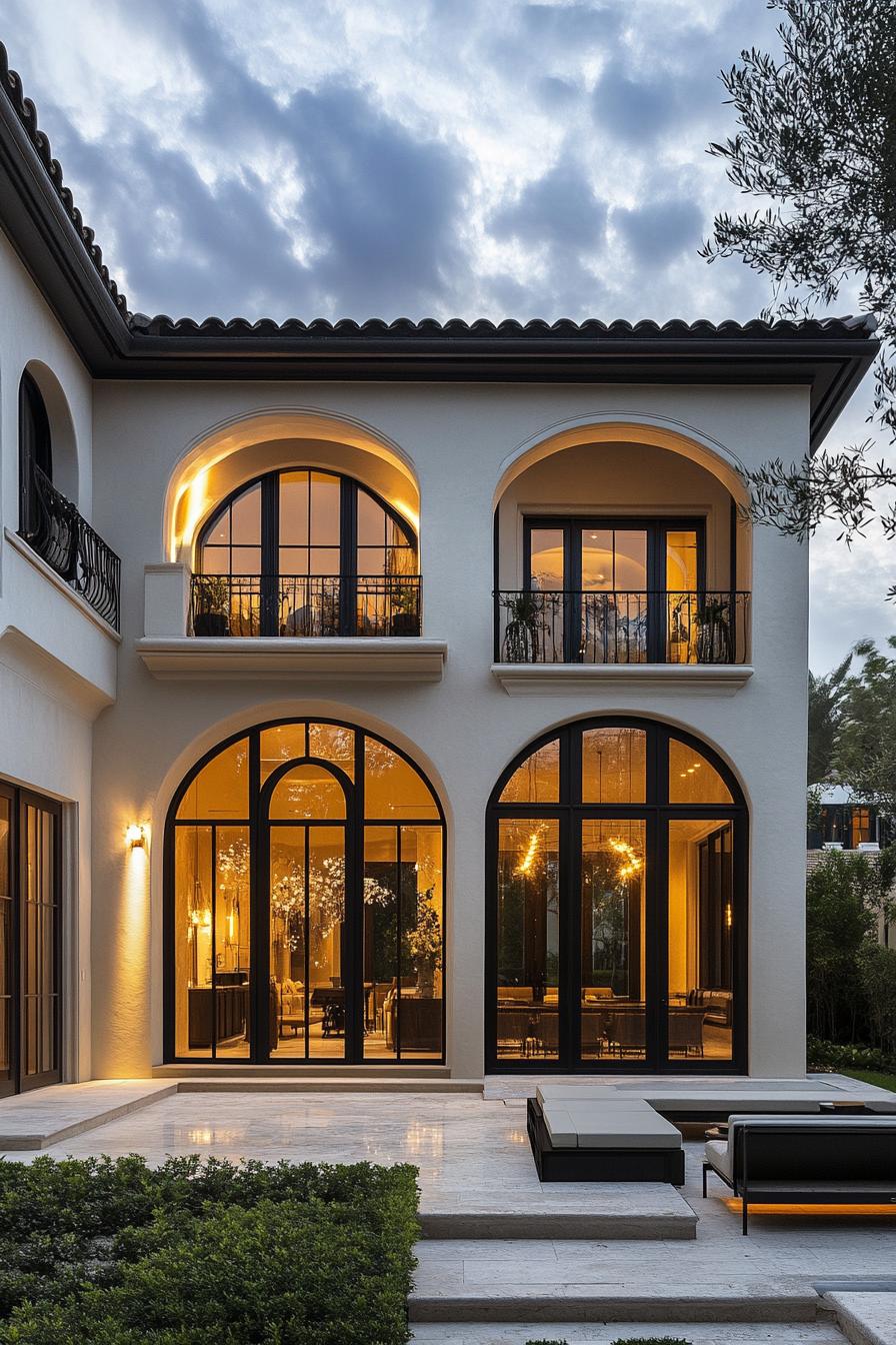 Two-story house with arched windows and elegant lighting