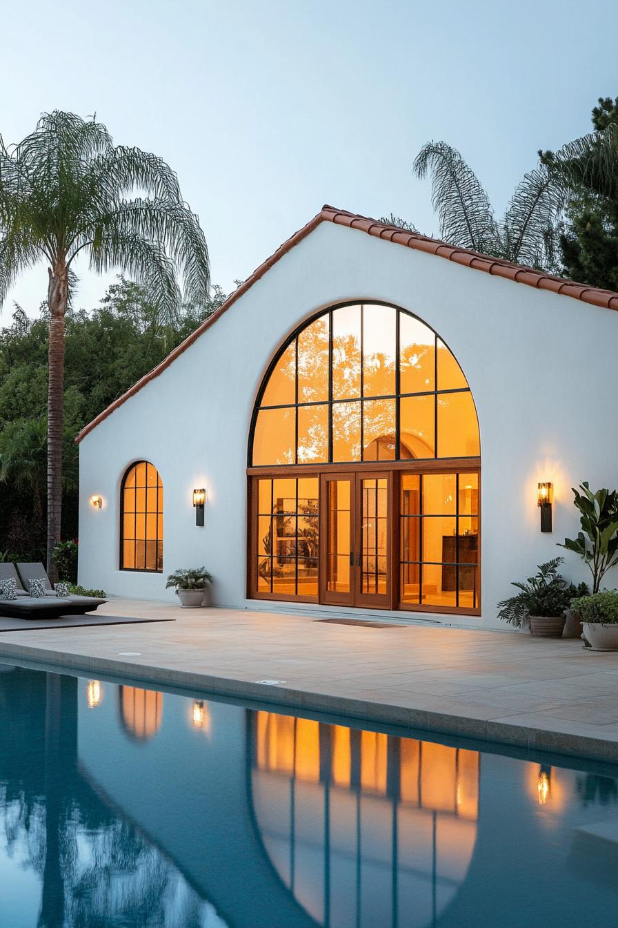 Spanish bungalow by the pool at sunset