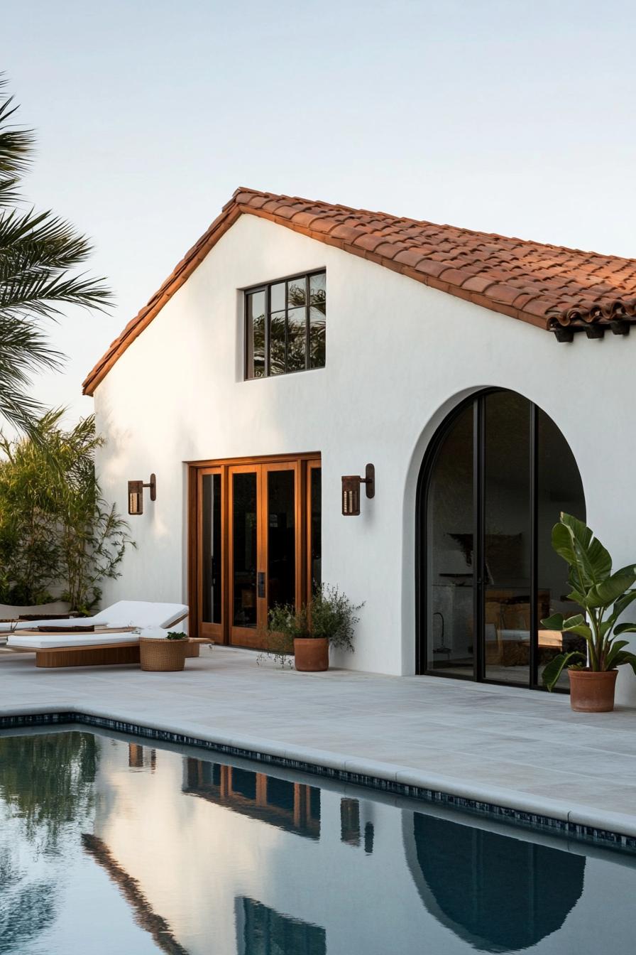 Spanish-style bungalow with a pool and terracotta roof