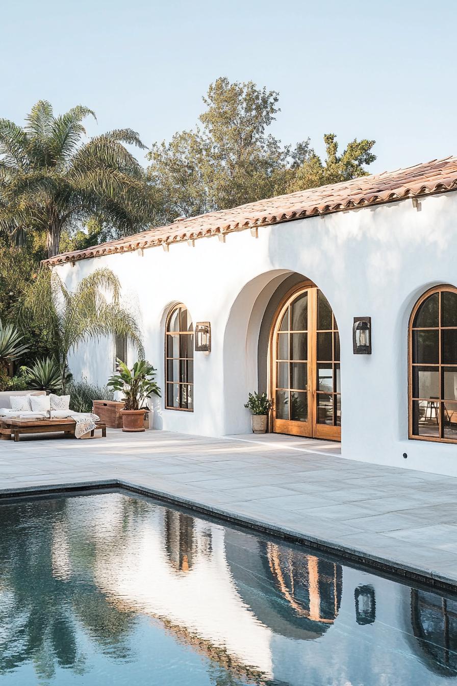 Elegant Spanish bungalow with arched windows by a pool