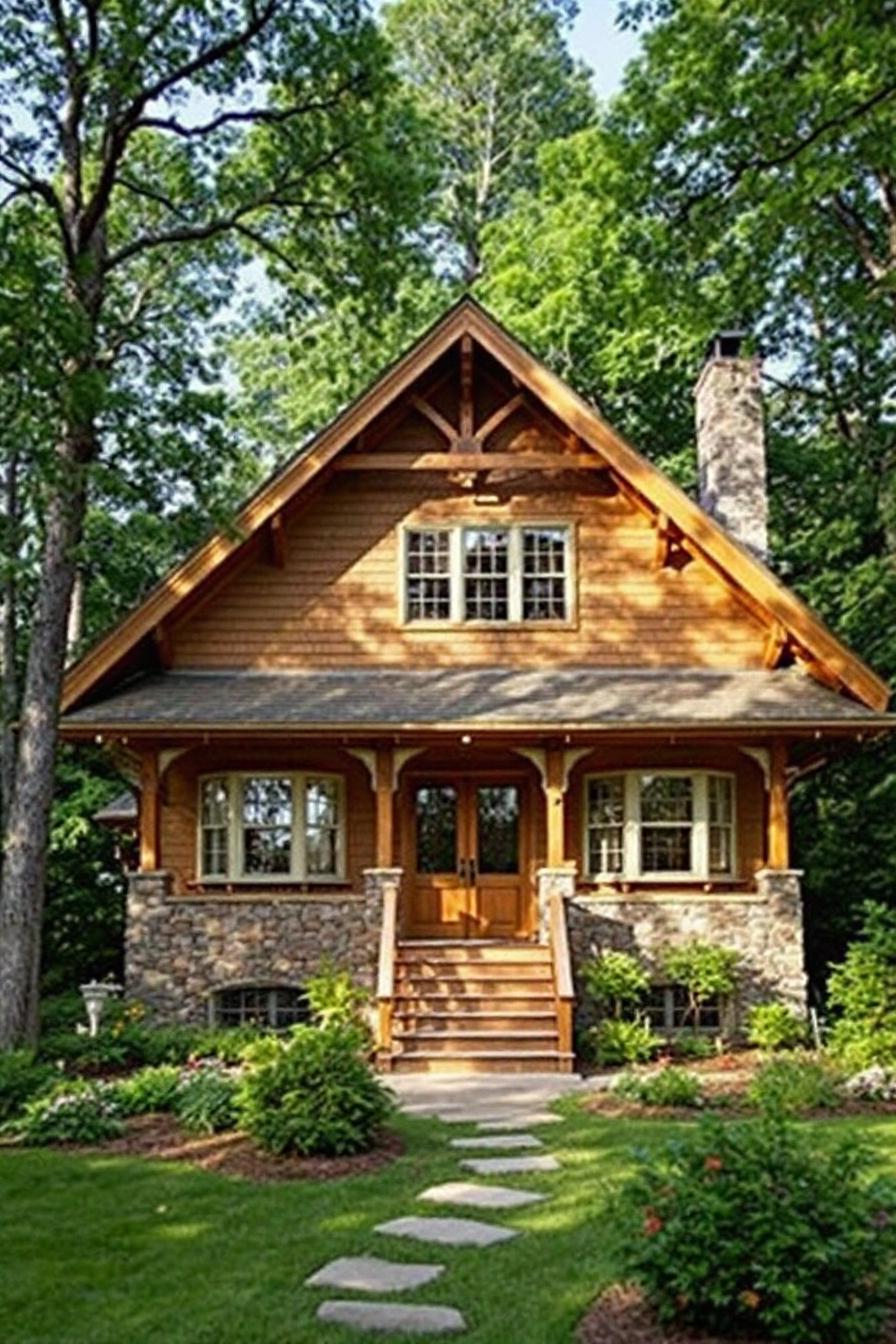 Wooden mountain house with stone base surrounded by lush greenery