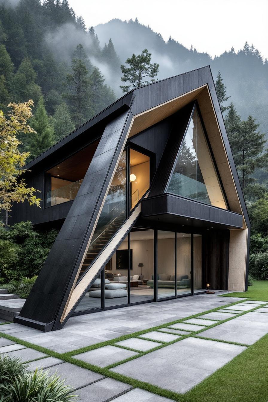 Futuristic triangular house with large windows surrounded by lush trees