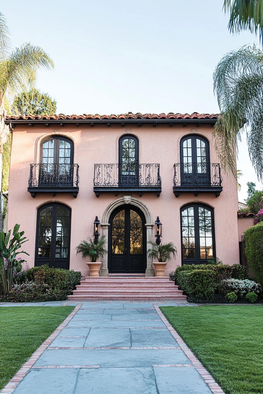 Mediterranean villa with arched windows and balconies